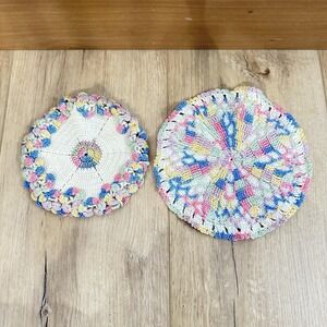 Set 2 VTG Crochet Doily Hot Pads Rainbow‎ Cotton Round Kitchen Decor Grannycore